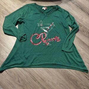 Festive Green Long Sleeve Top with Cheers Design